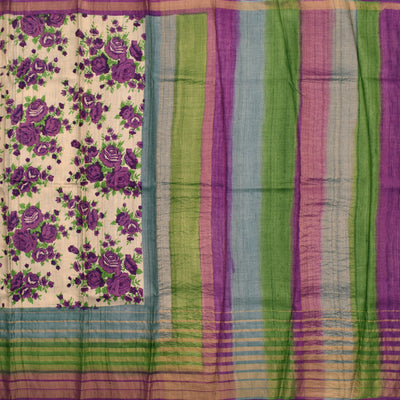Off White Tussar Silk Saree with Floral Print Design