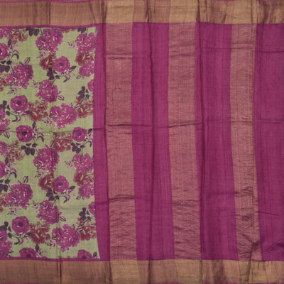 Apple Green Tussar Silk Saree with Big Floral Printed Design