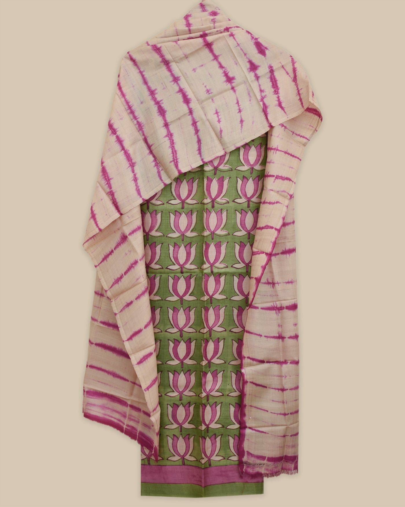 Apple Green Tussar Silk Salwar with Off White Shibori Print Dupatta