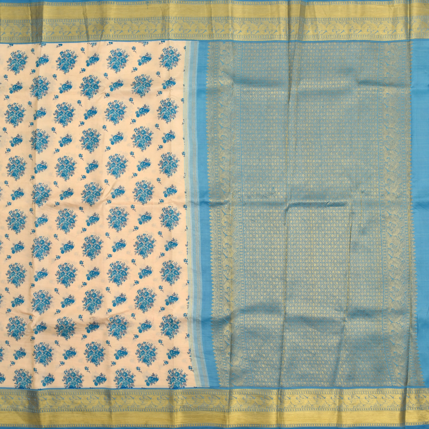 Off White Printed Kanchipuram Silk Saree with Small Printed Design