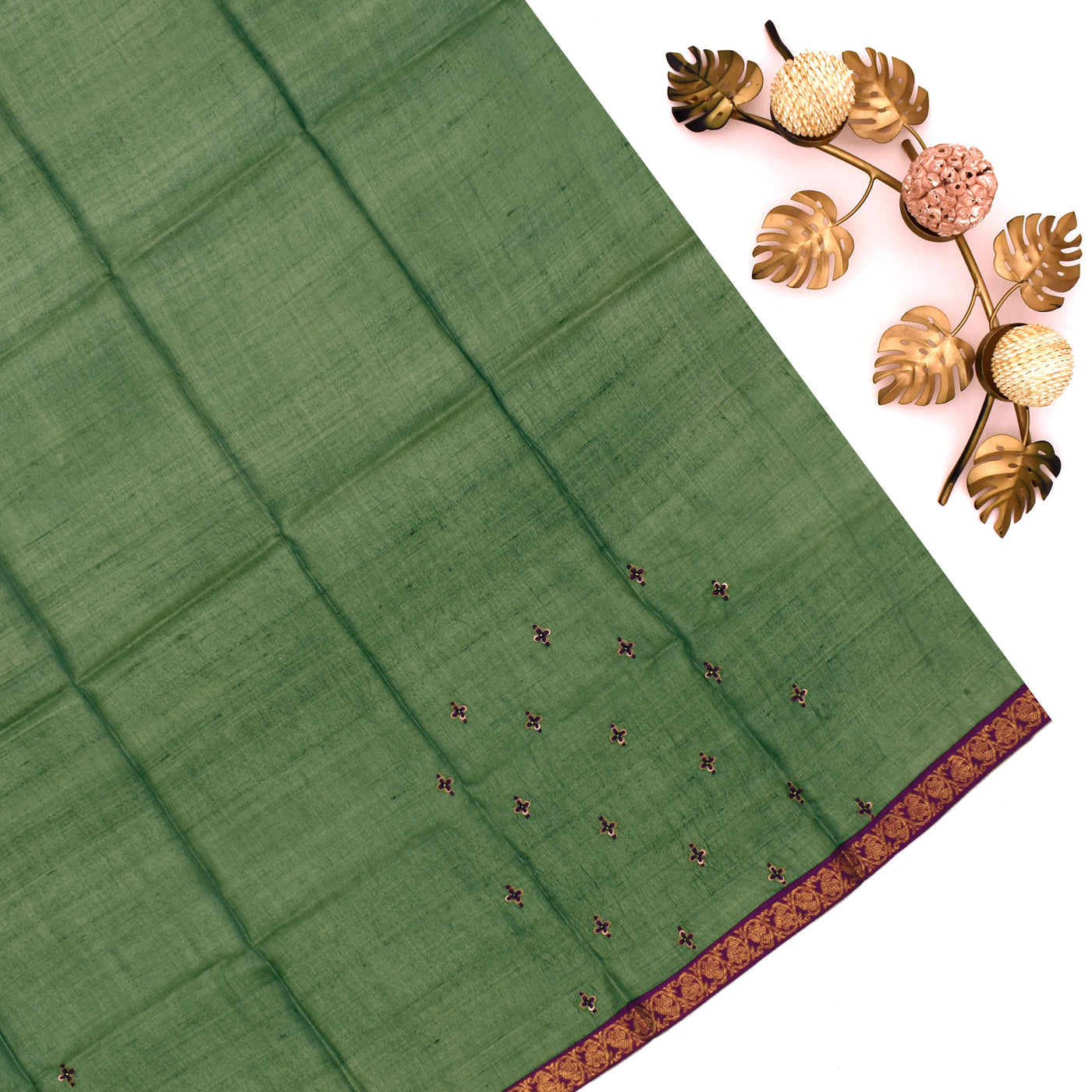 Apple Green Printed Tussar Silk Saree with Embroidery Pallu