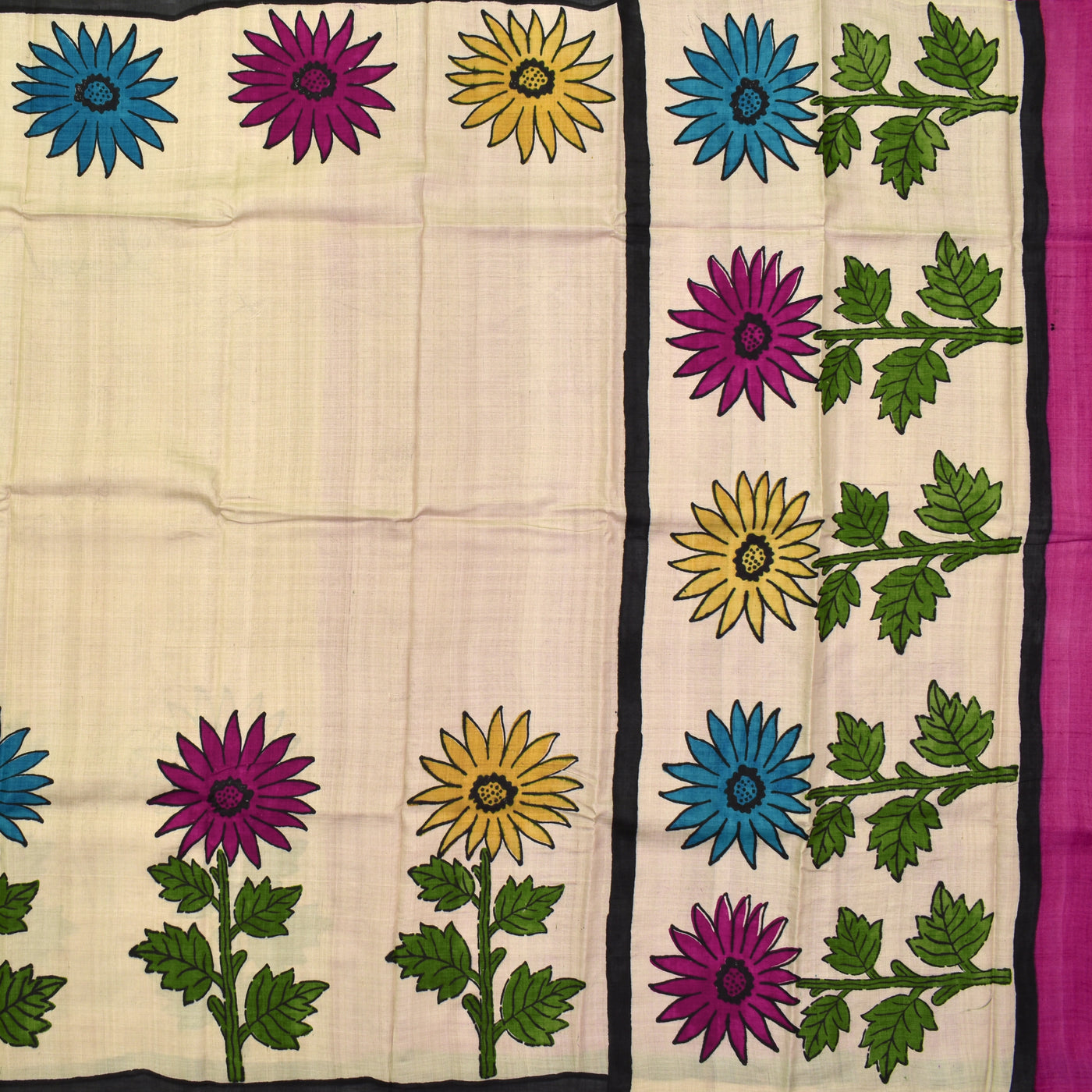 Off White Tussar Silk Saree with sunflower printed pallu
