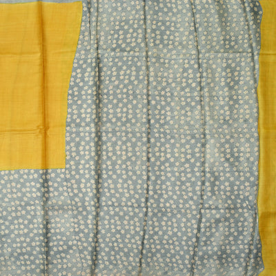 Yellow Tussar Printed Saree witg grey floral printed pallu