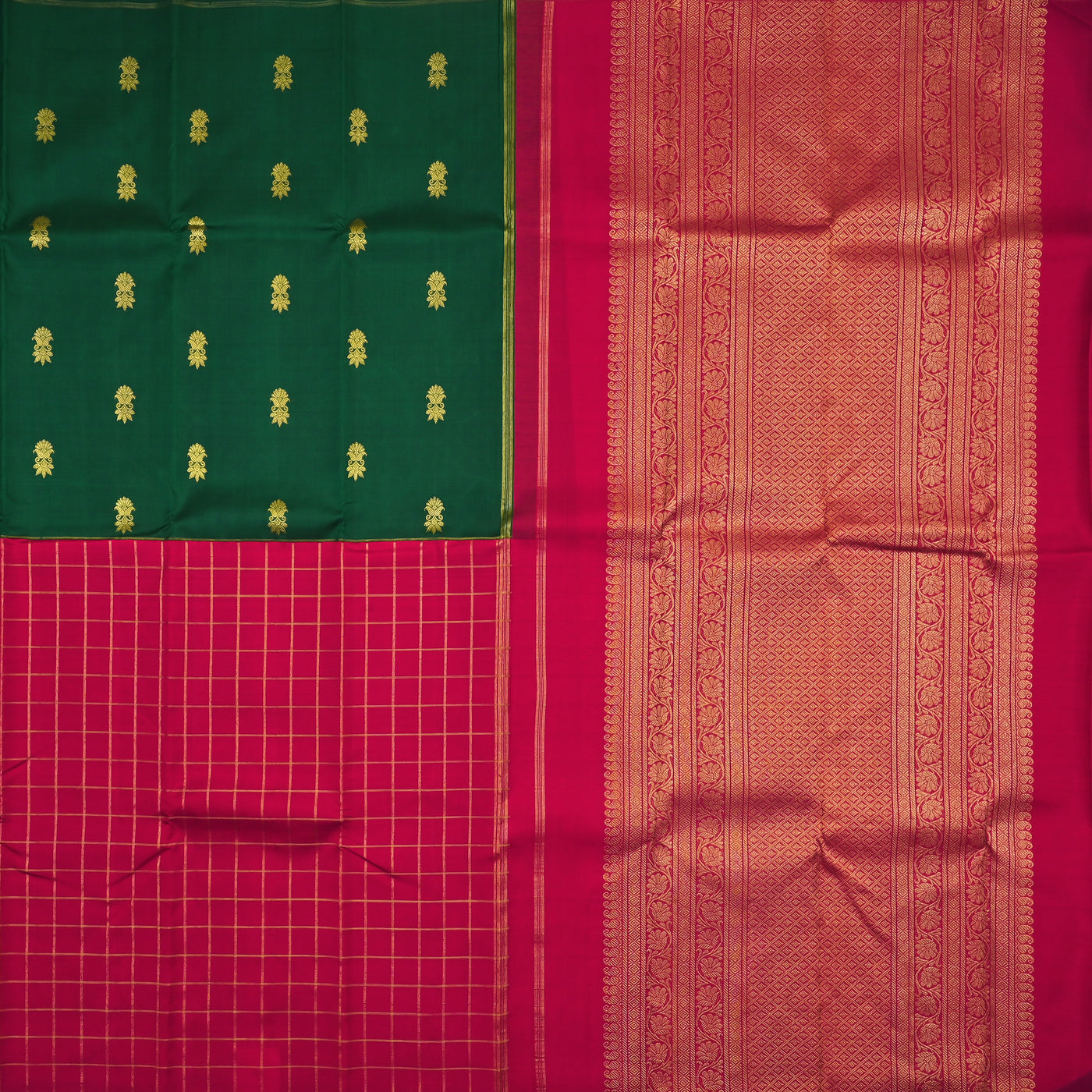 Red and Green Kanchipuram Silk Saree with Kattam and Zari Butta Design