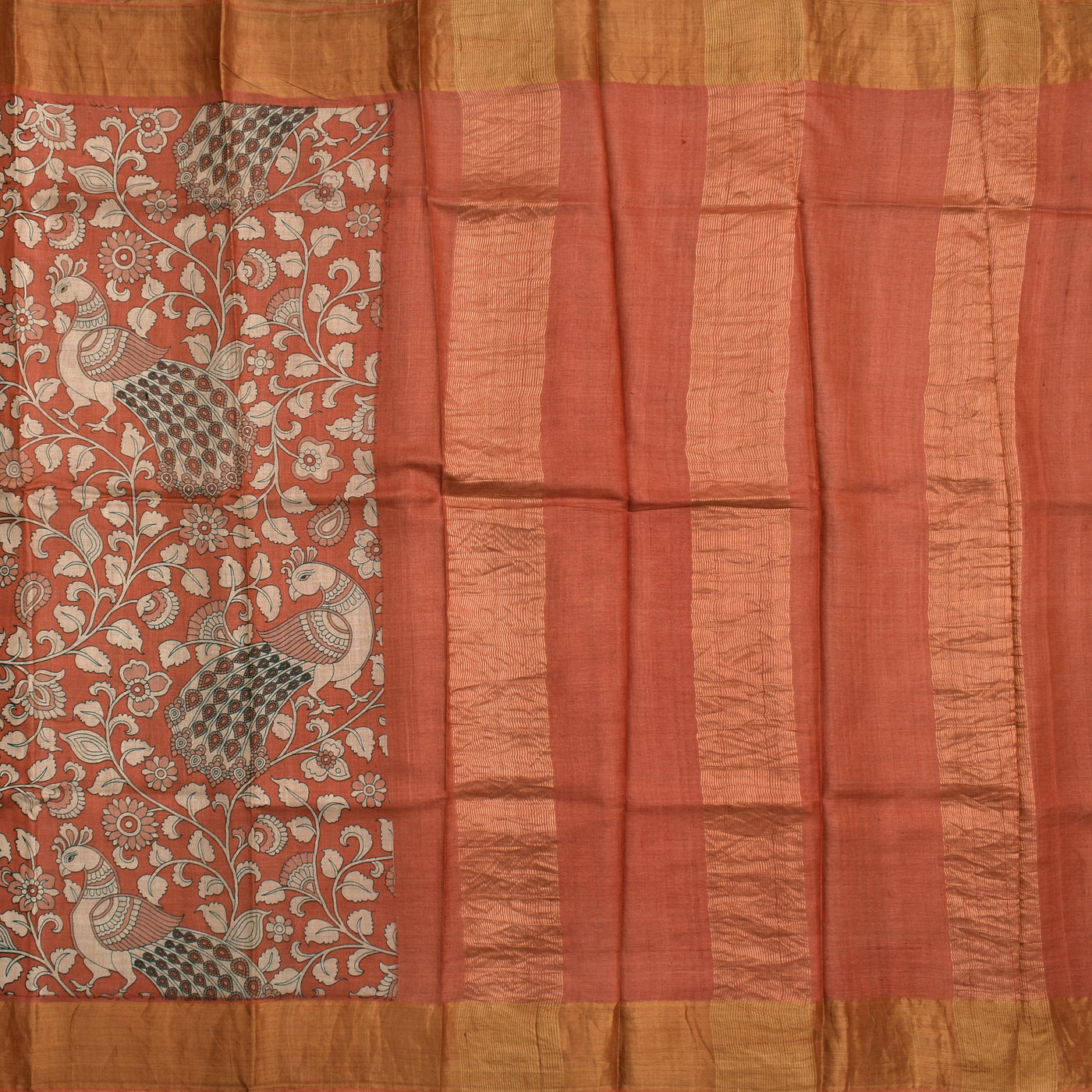 Rust Tussar Silk Saree with Kalamkari Printed Design