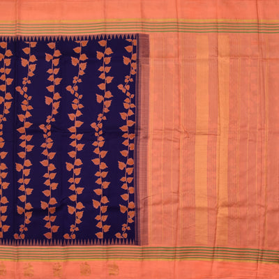 Navy Blue Printed Kanchipuram Silk Saree with Peach Seer Pallu