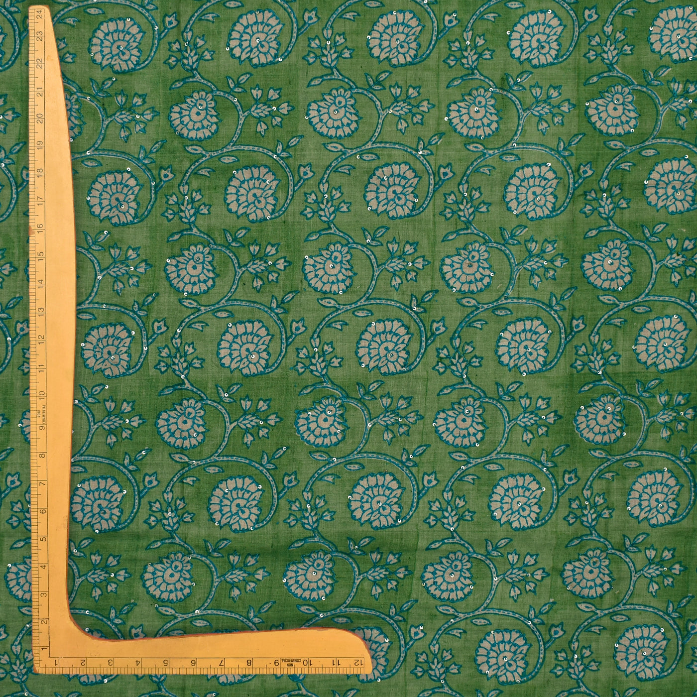 Apple Green Tussar Silk Fabric with Creeper Design