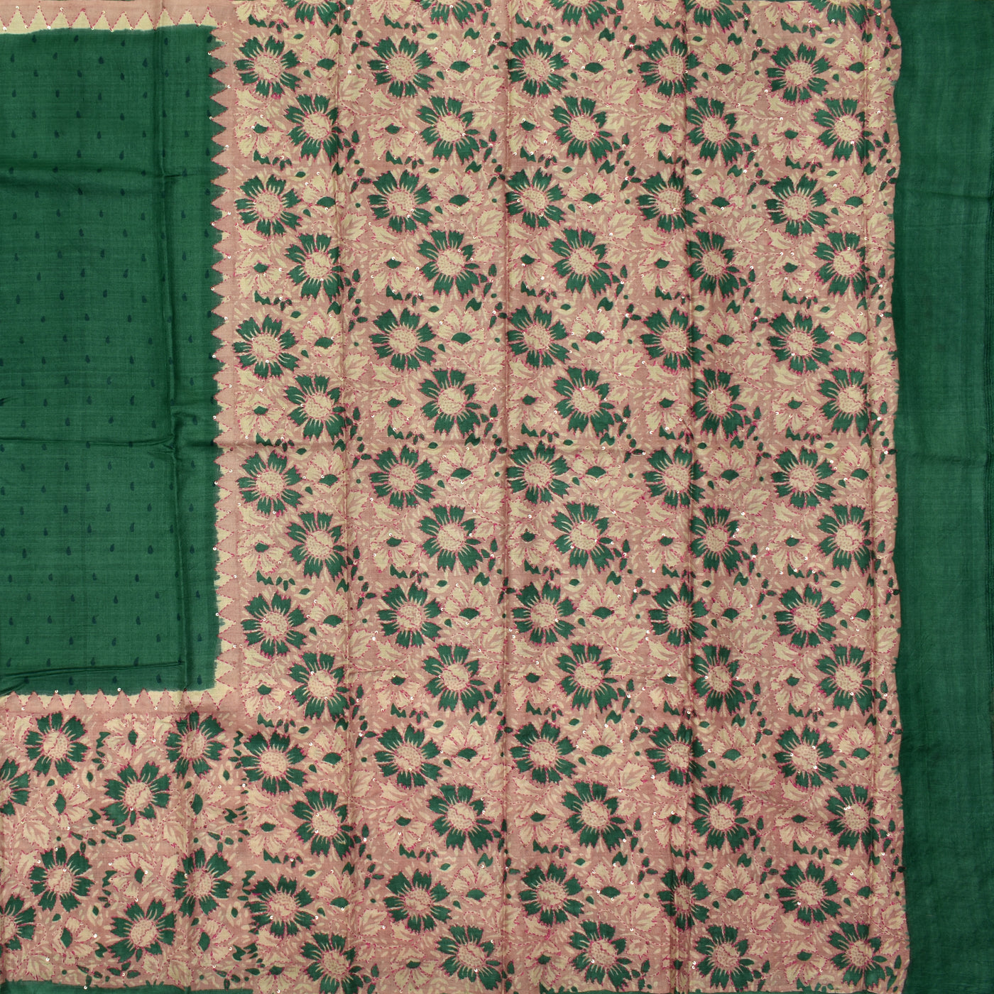 Green Tussar Silk Saree with kantha work pallu