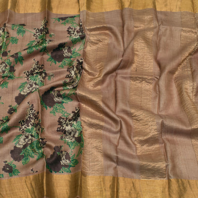 Onion Pink Tussar Printed Saree with zari lines pallu