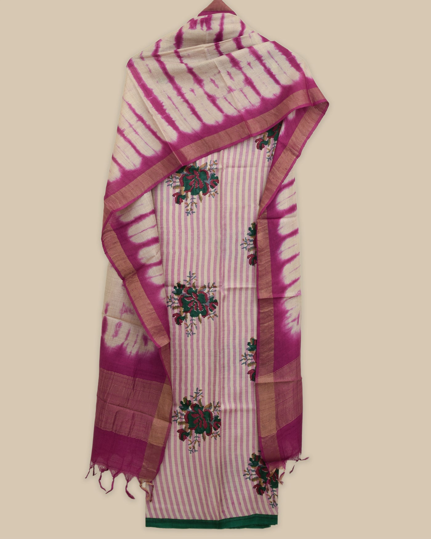 Onion Pink Tussar Silk Salwar with Off White Shibori Print Dupatta