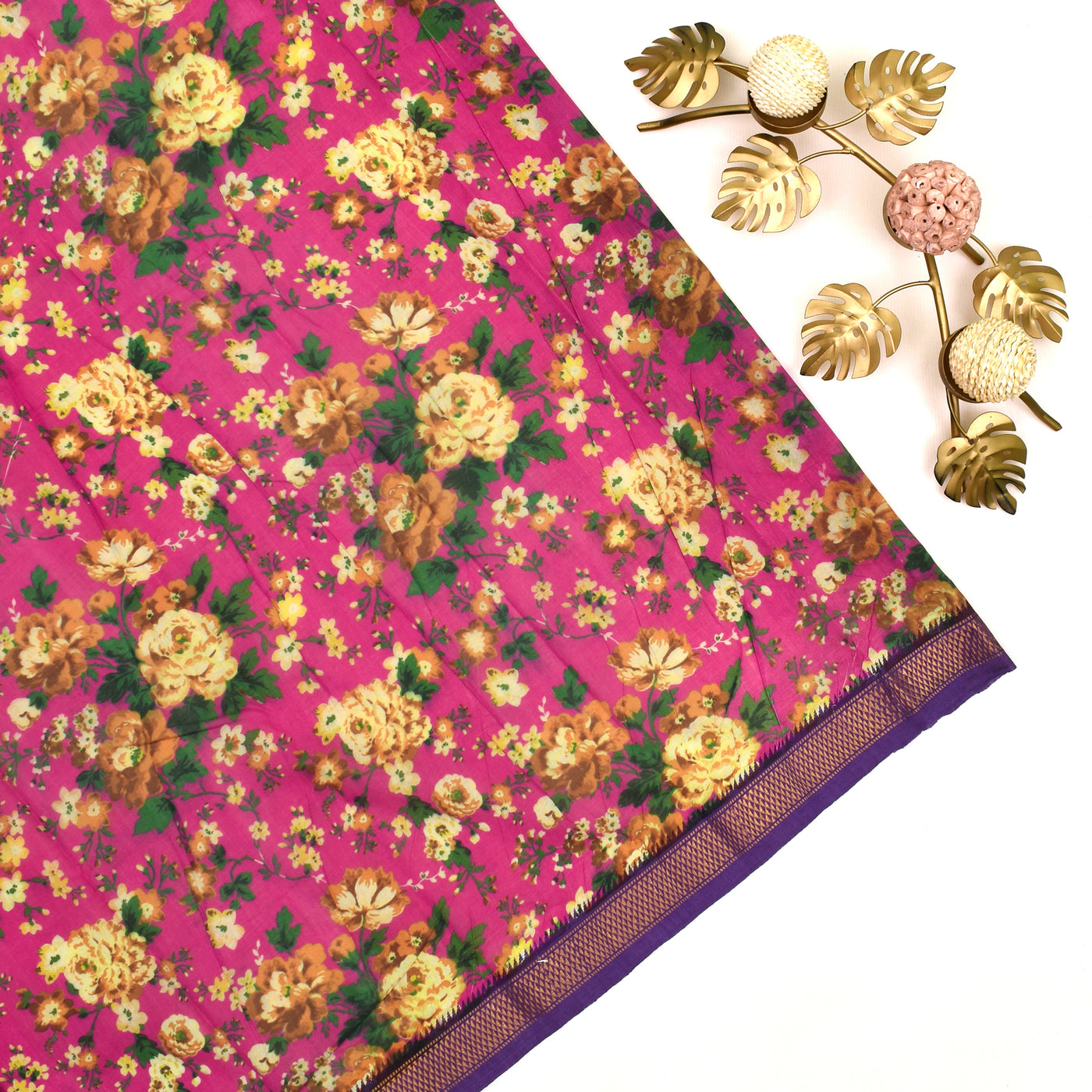 Rani Pink Floral Printed Mangalagiri Cotton Saree