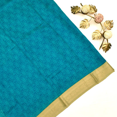 Sky Blue Tussar Silk Saree with prited creeper design blouse