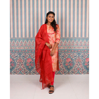 Orange Maheshwari Silk Kurti with Floral Design