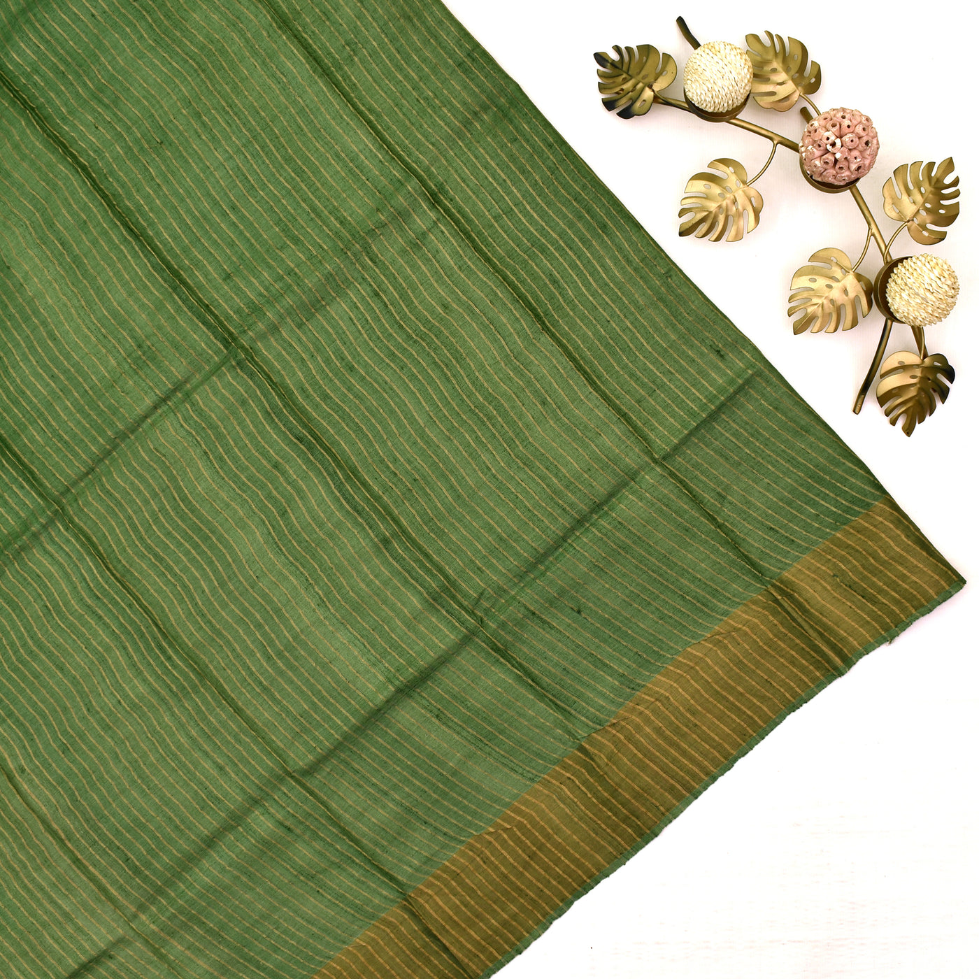 Onion Tussar Silk Saree with Olive Green Zari Lines blouse