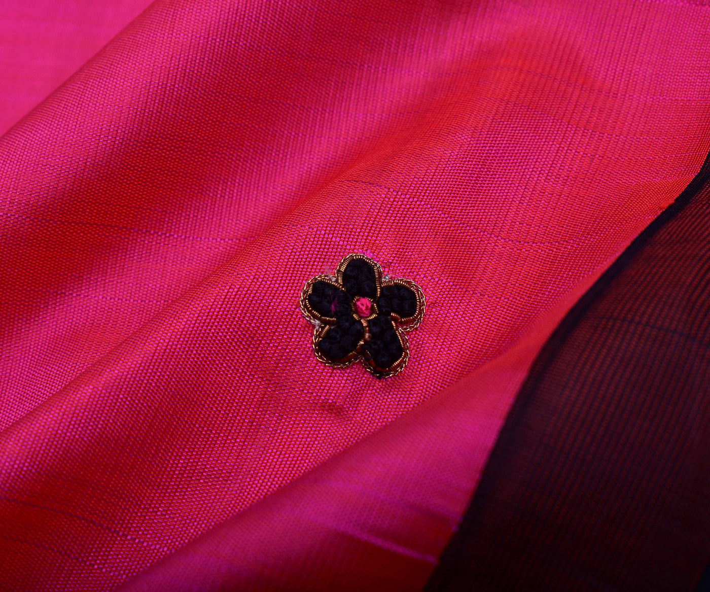 hot-pink-kanchi-silk-saree-with-black-pallu-crafted-with-bullion-knots-zardosi-and-beads-with-blouse
