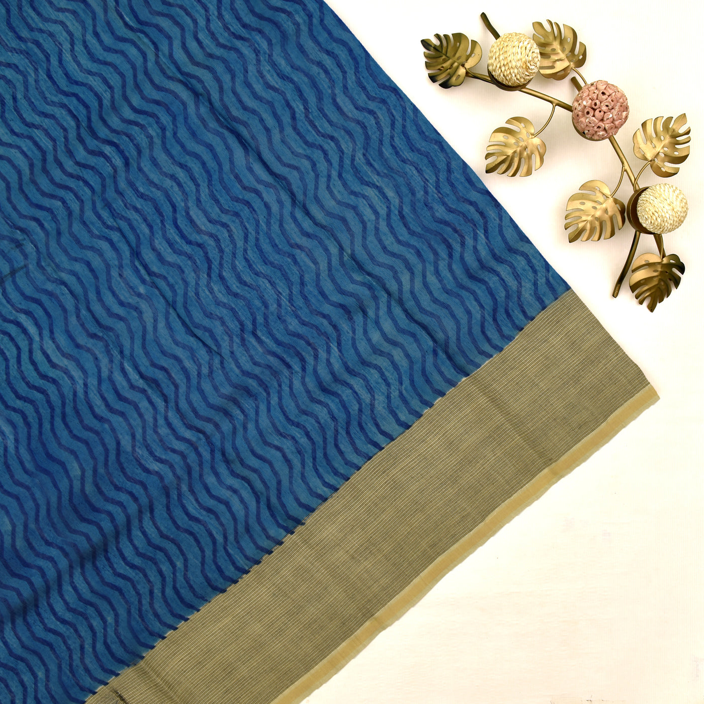 Blue Tussar Silk Saree with zigzag design blouse