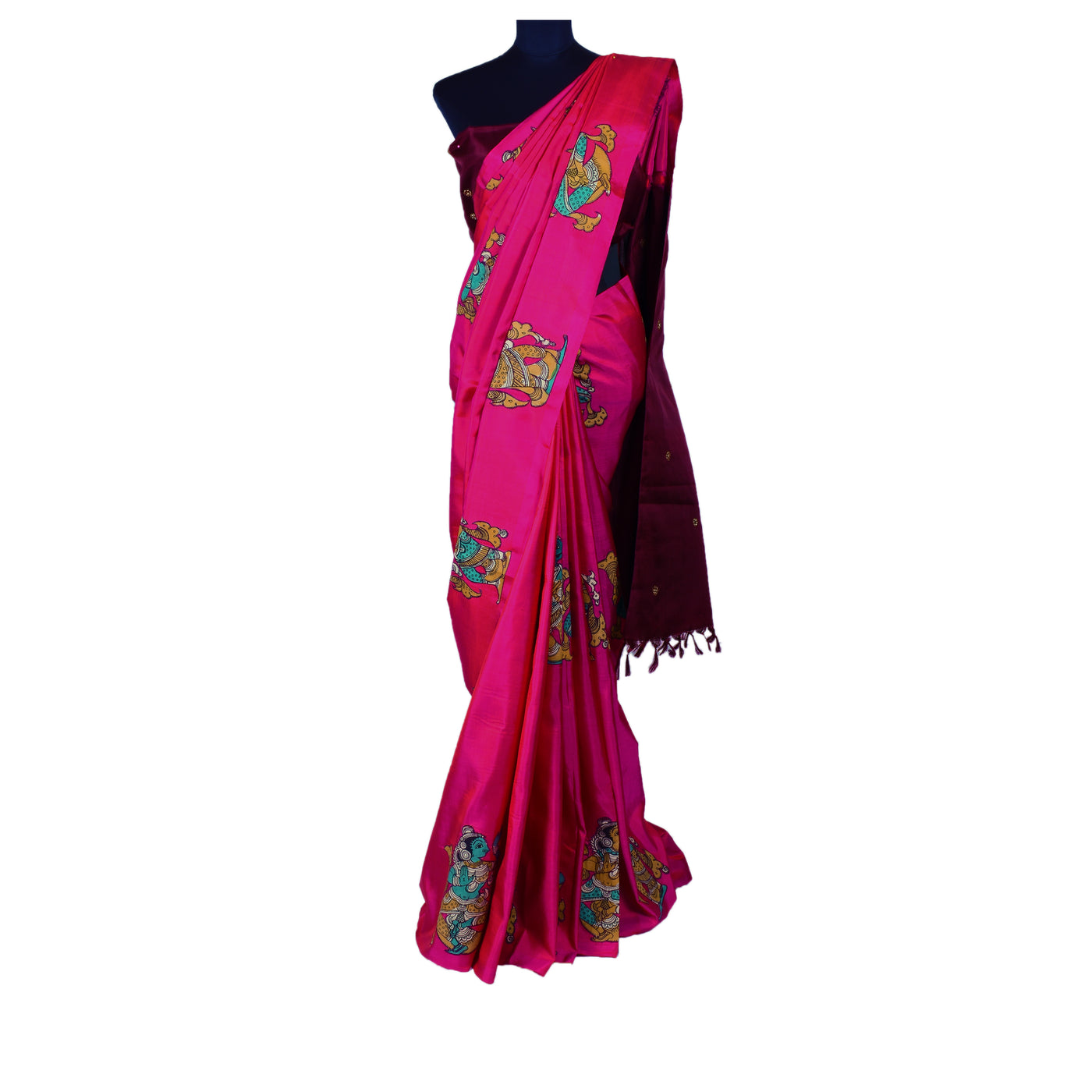rose-kanchi-silk-saree-with-kalamkari-applique-design-and-zardosi-stone-and-thread-embroidery-with-brown-pallu-and-blouse