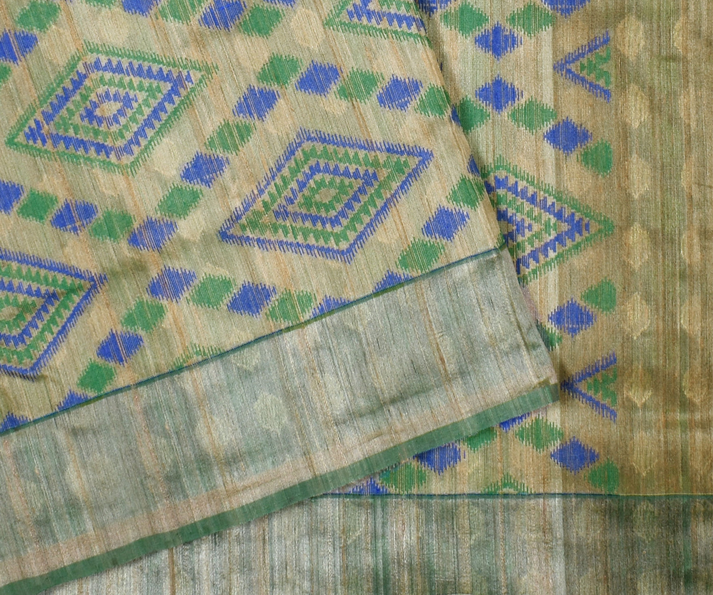 half-white-tussar-jute-and-green-cotton-banarasi-half-and-half-saree-with-cotton-banarasi-silk-blouse