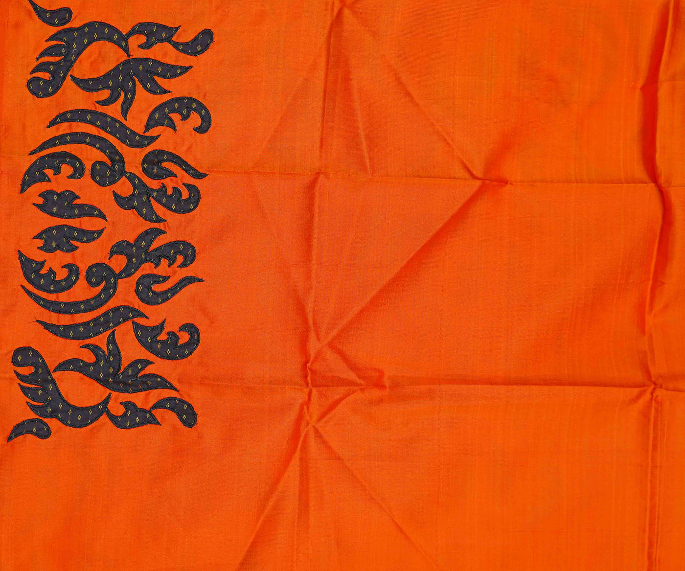 Orange Kanchi Silk Saree With Black Kanchi  Silk Applique Work With Blouse (4515636478065)