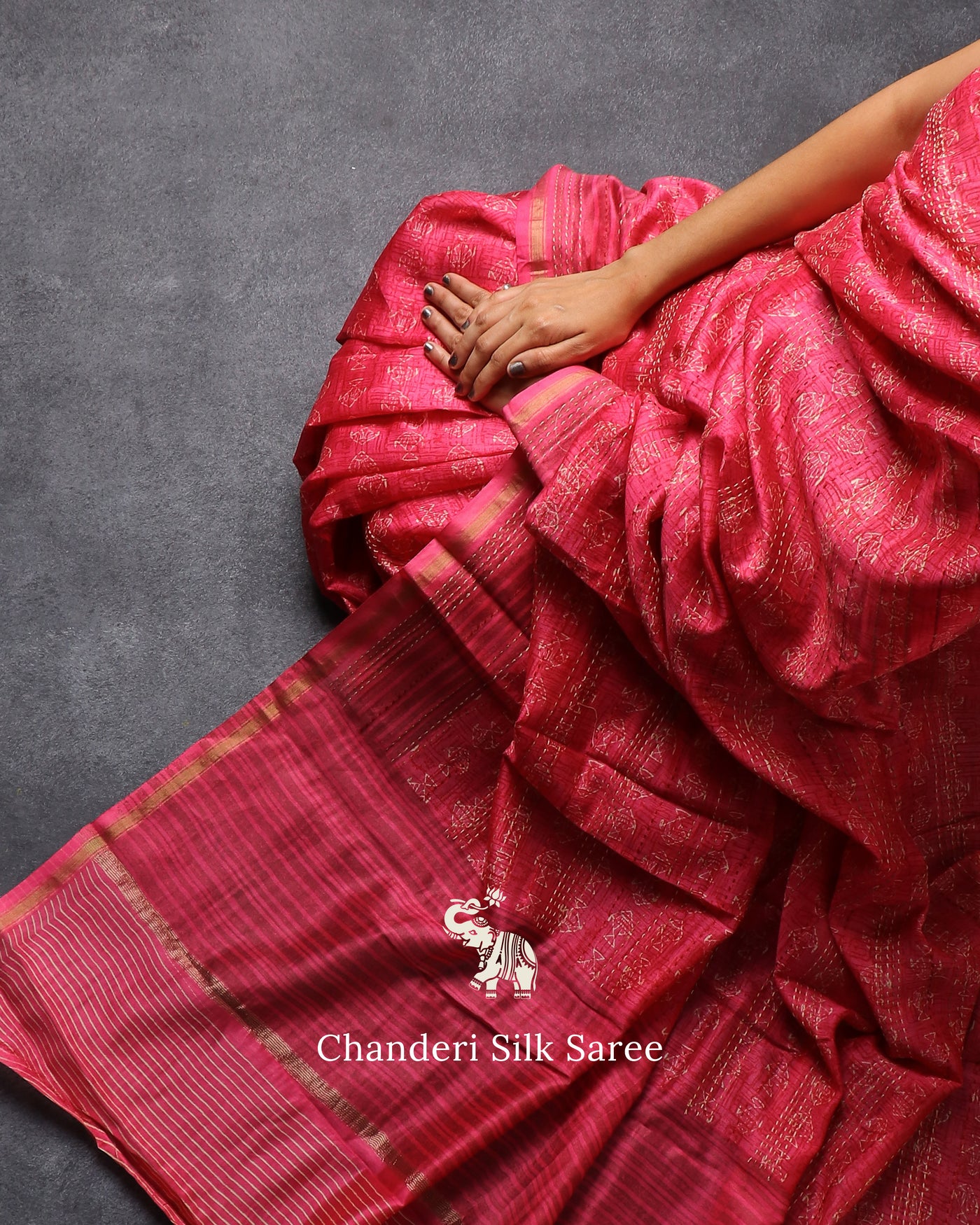 Rani Arakku Chanderi Silk Saree with Kantha Work Design