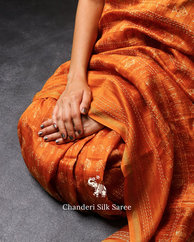 Oil Mustard Chanderi Silk Saree with Kandha Work Design