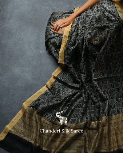 Black Chanderi Silk Saree with Stripes Pallu