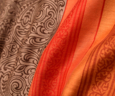 Red Tussar Saree With Half White Floral Printed And Multi Striped Long Border With Tangerine Blouse (4517193351281)