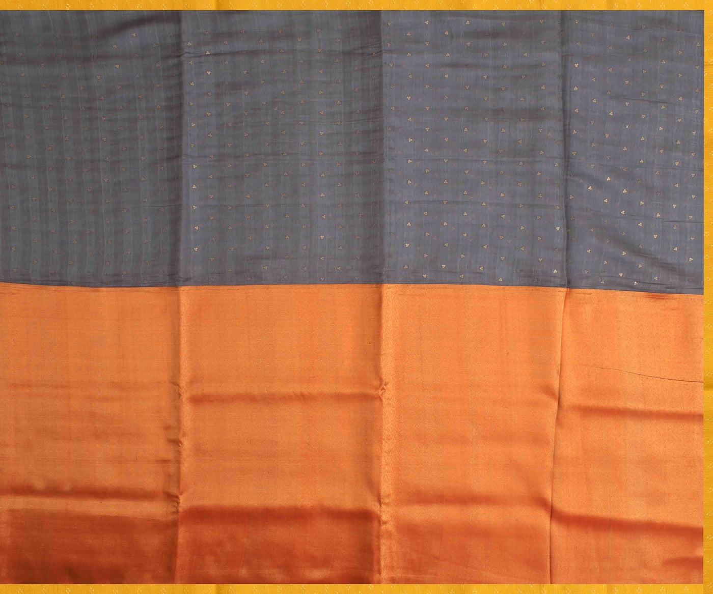 orange-tissue-silk-and-grey-bailu-half-and-half-saree-with-yellow-kanchi-silk-blouse