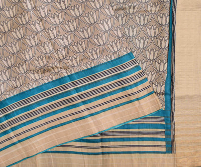 Ivory Cream Lotus Printed Tussar Saree With Multi Strpes Border And Blue Checked Blouse (4517193023601)