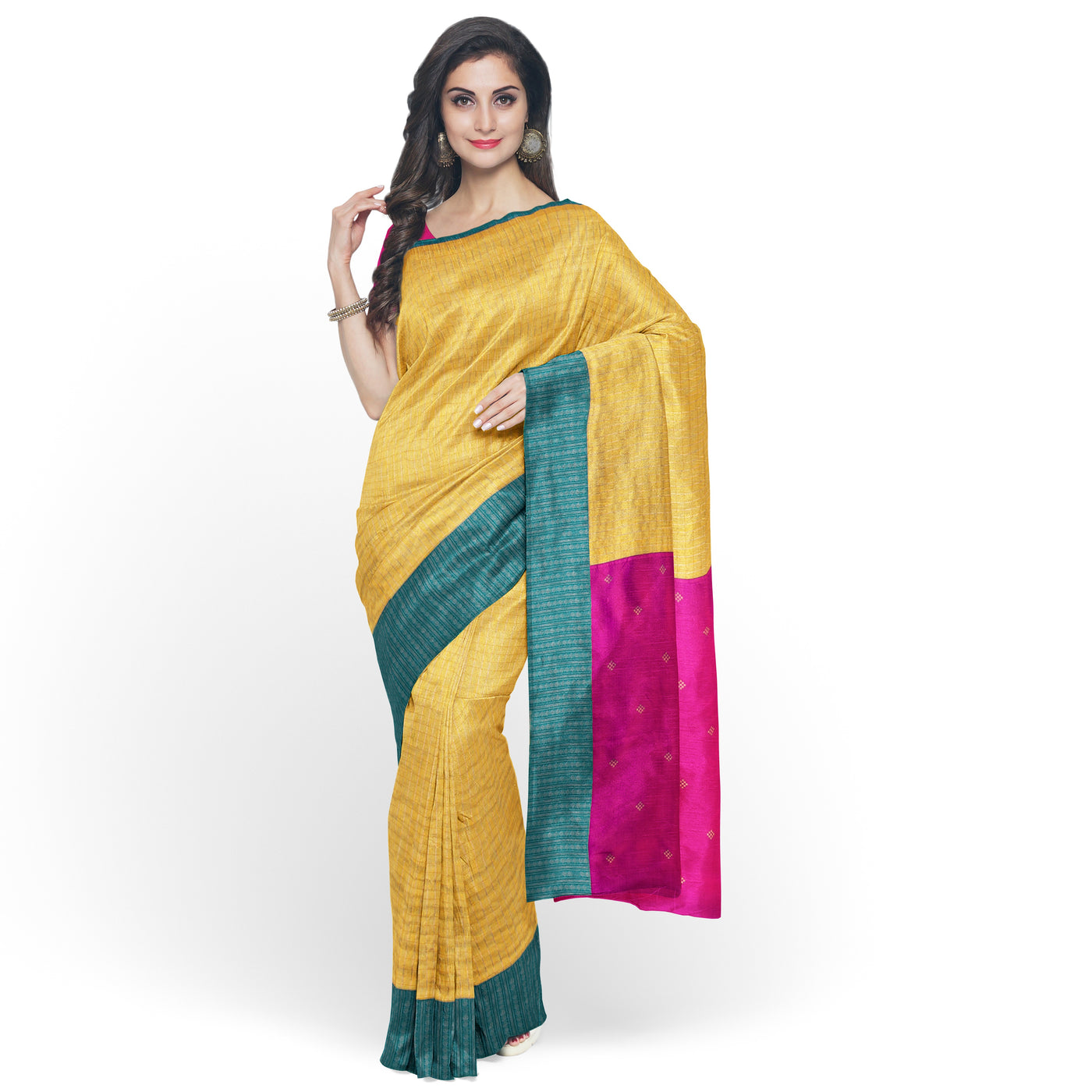 yellow-soft-tussar-saree-with-kanchipuram-borders