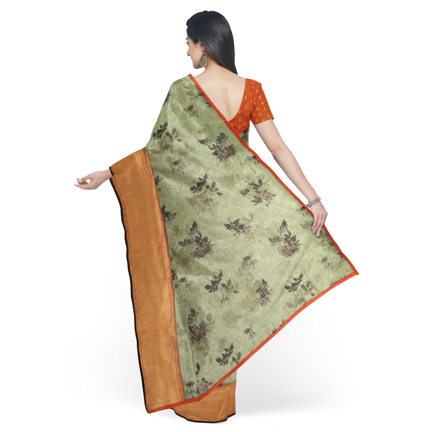 apple-green-checked-organza-silk-saree-with-orange-blouse