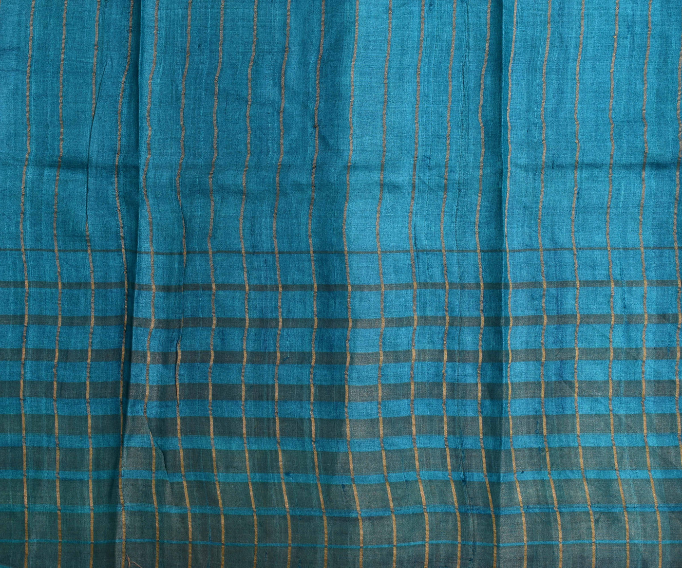 Ivory Cream Lotus Printed Tussar Saree With Multi Strpes Border And Blue Checked Blouse (4517193023601)