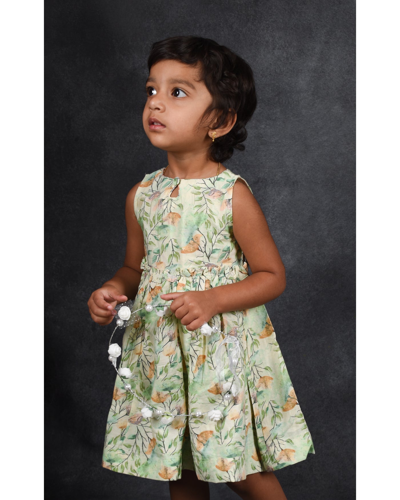 Aria - Off White and Light Green Leaf Printed Khadhi Frock