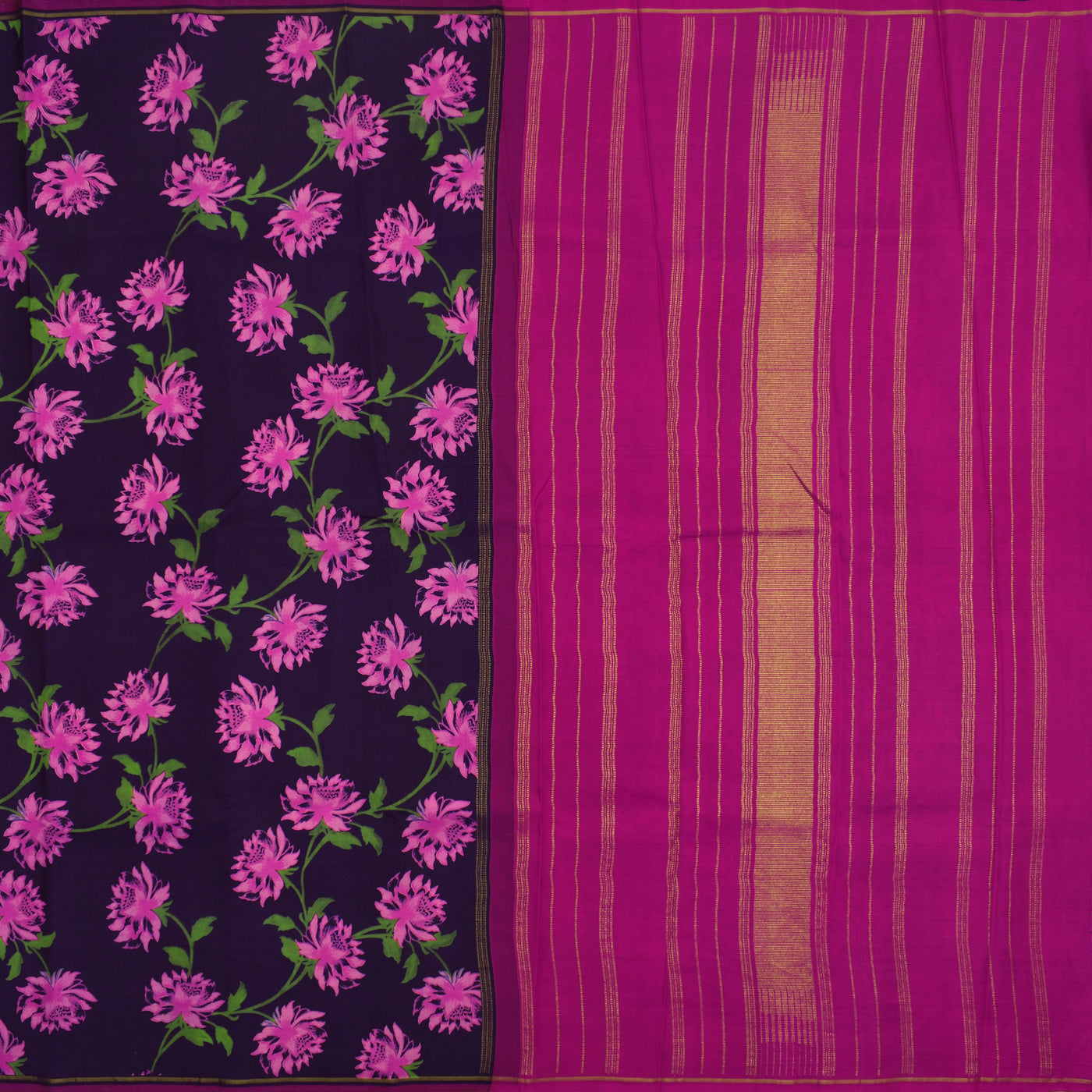 Violet Printed Kanchipuram Silk Saree with Big Flower Printed Design